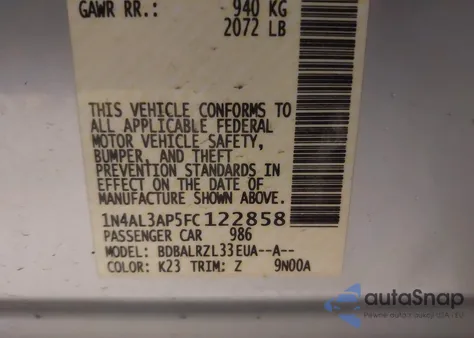 2015 Nissan Altima 2.5 Sl из США, поврежденный, VIN 1N4AL3AP5FC122858